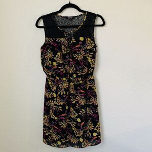 BeBop Dress Women M Black Yellow Floral Paisley Mini Sleeveless Whimsy Boho Fun